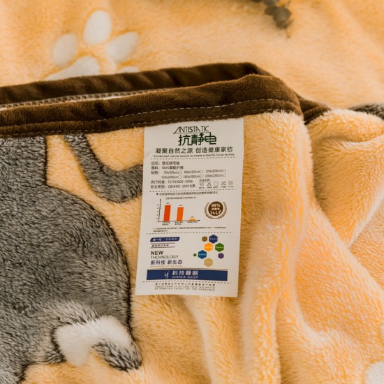 Small Throw Blanket 135x200cm, Fleece in Yellow with Cat Art Work